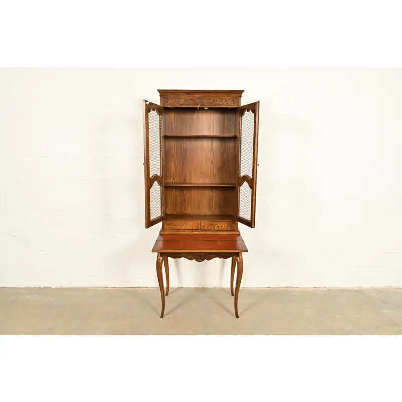 Baker Furniture French Provincial Louis XV Carved Oak Secretary Desk With Bookcase Hutch, Circa 1960s - Image 9