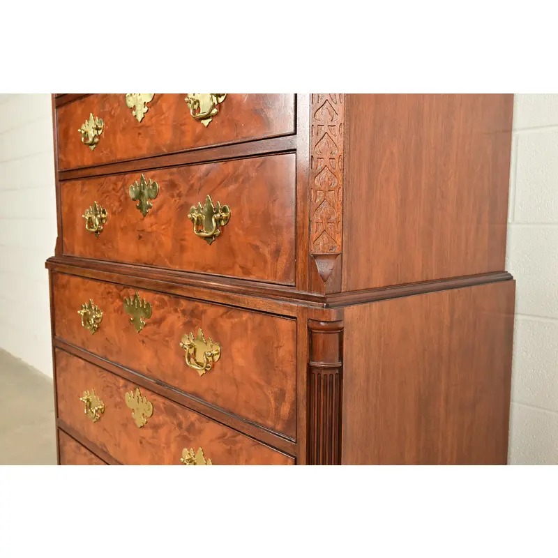 Baker Furniture Historic Charleston Chippendale Carved Mahogany and Burl Wood Eleven-Drawer Highboy Dresser - Image 9