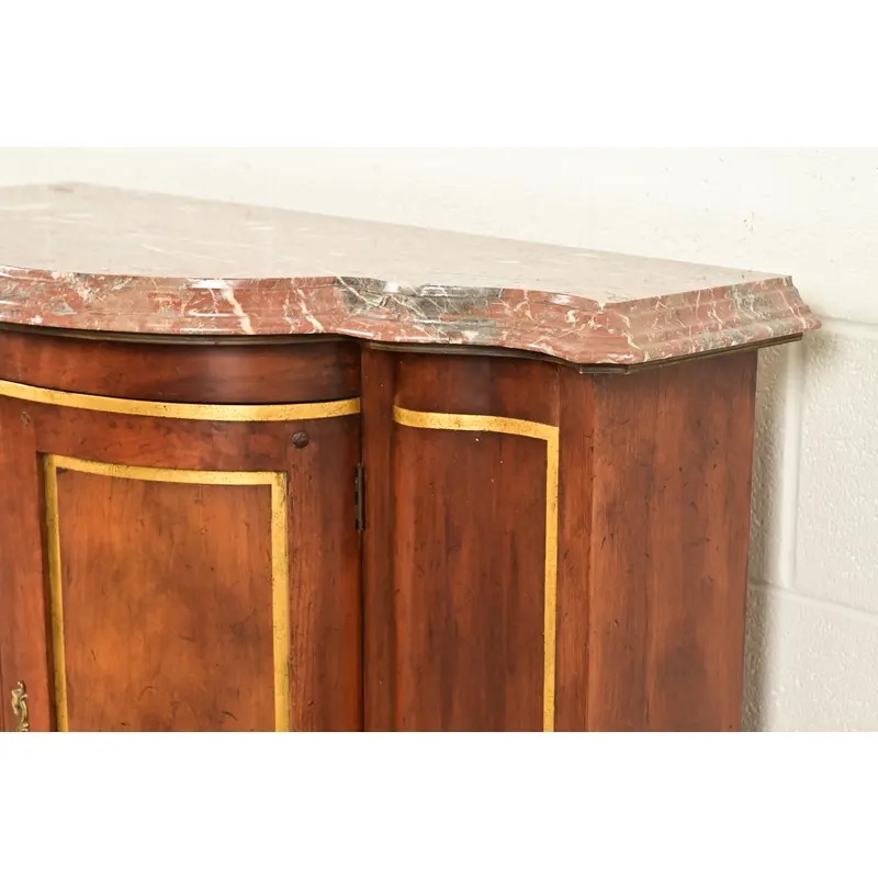 Baker Furniture Italian Provincial Carved Cherry Wood, Parcel Gilt, and Marble Top Demilune Sideboard or Bar Cabinet - Image 9