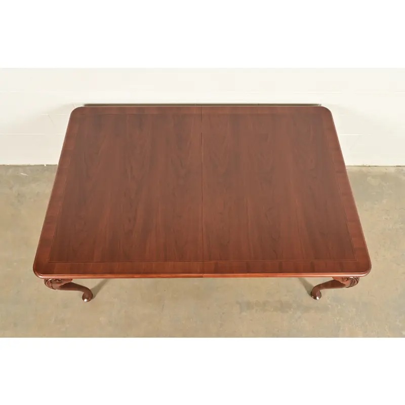 Baker Furniture Queen Anne Carved Cherry and Burl Wood Extension Dining Table, Newly Refinished - Image 8