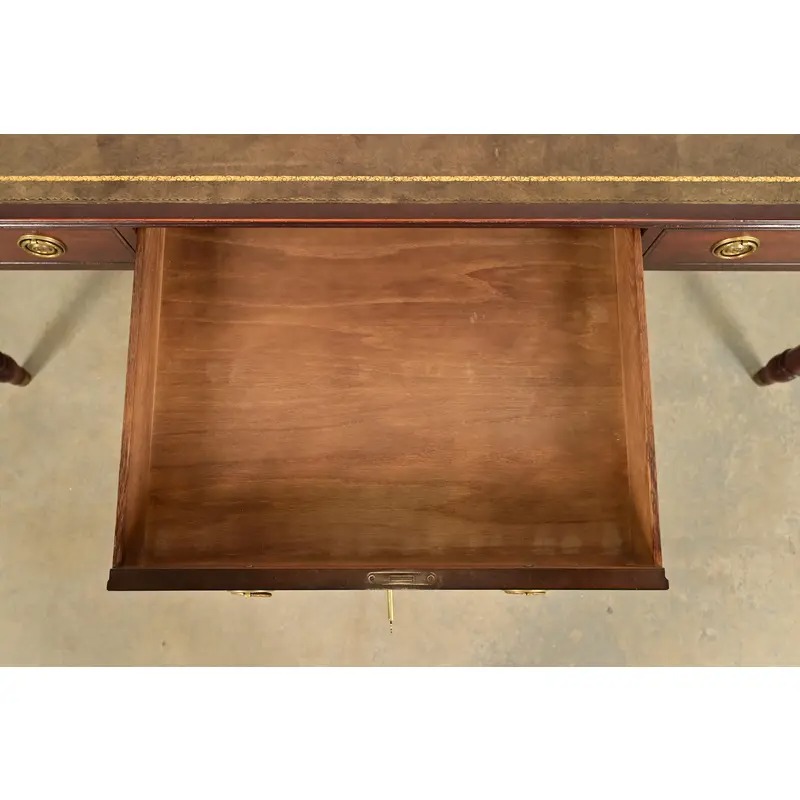 Baker Furniture Stately Homes Collection English Regency Carved Mahogany Leather Top Partner's Desk - Image 9