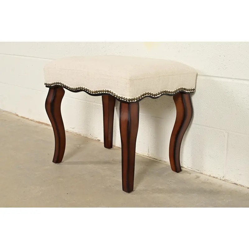 Baker Furniture Style French Provincial Louis XV Carved Mahogany Upholstered Stool or Ottoman