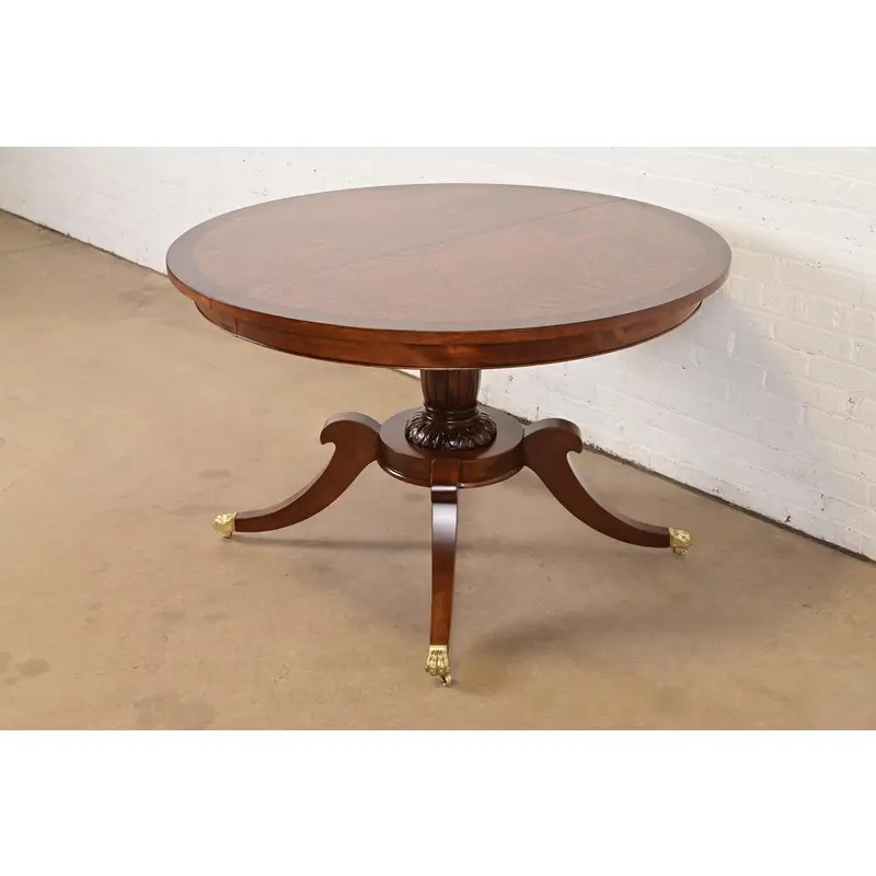 Baker Furniture Style Georgian Banded Mahogany and Burl Wood Pedestal Extension Dining Table, Newly Refinished - Image 9