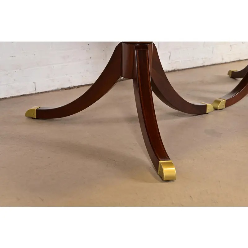 Baker Furniture Style Georgian Banded Mahogany Double Pedestal Extension Dining Table, Newly Refinished - Image 9