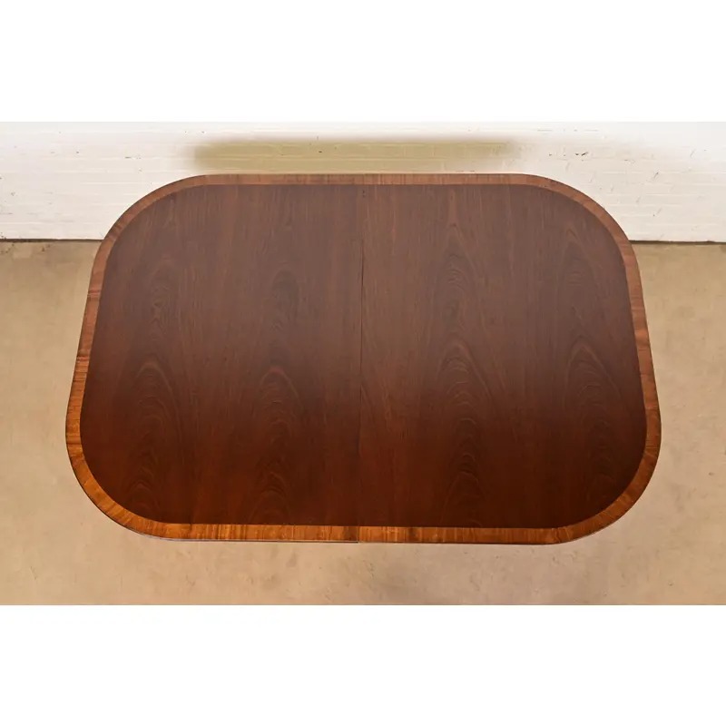 Baker Furniture Style Georgian Banded Mahogany Double Pedestal Extension Dining Table, Newly Refinished - Image 9