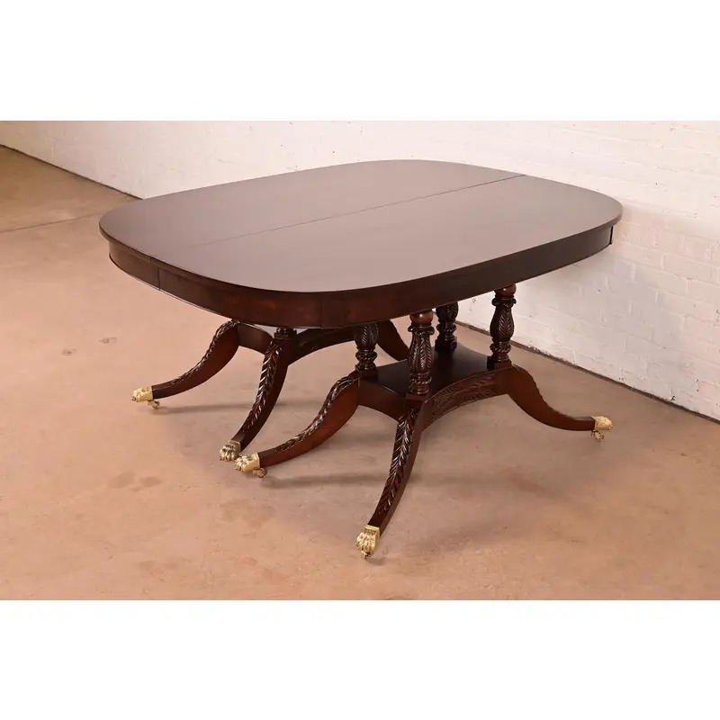 Baker Furniture Style Georgian Mahogany Double Pedestal Extension Dining Table, Newly Refinished - Image 9
