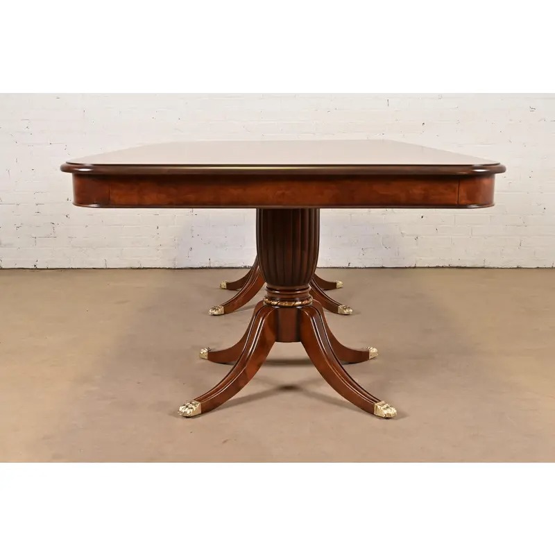 Baker Furniture Style Italian Regency Inlaid Banded Burl Wood Double Pedestal Dining Table, Newly Restored - Image 9