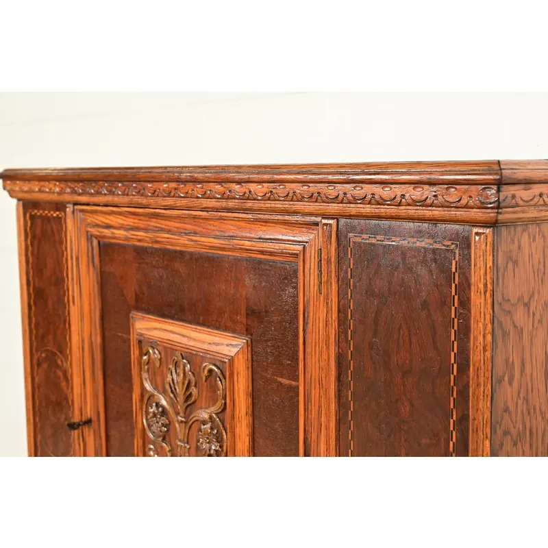 Early Romweber Antique English Jacobean Carved Oak and Burl Wood Bar Cabinet, Circa 1900 - Image 9