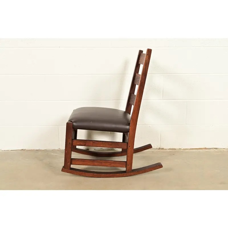 Gustav Stickley Antique Mission Oak Arts & Crafts Ladder Back Rocking Chair, Circa 1910 - Image 9
