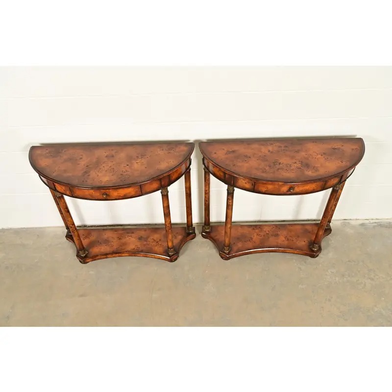 Maitland Smith Style French Empire Burl Wood and Gold Gilt Demilune Console Tables, Pair - Image 9