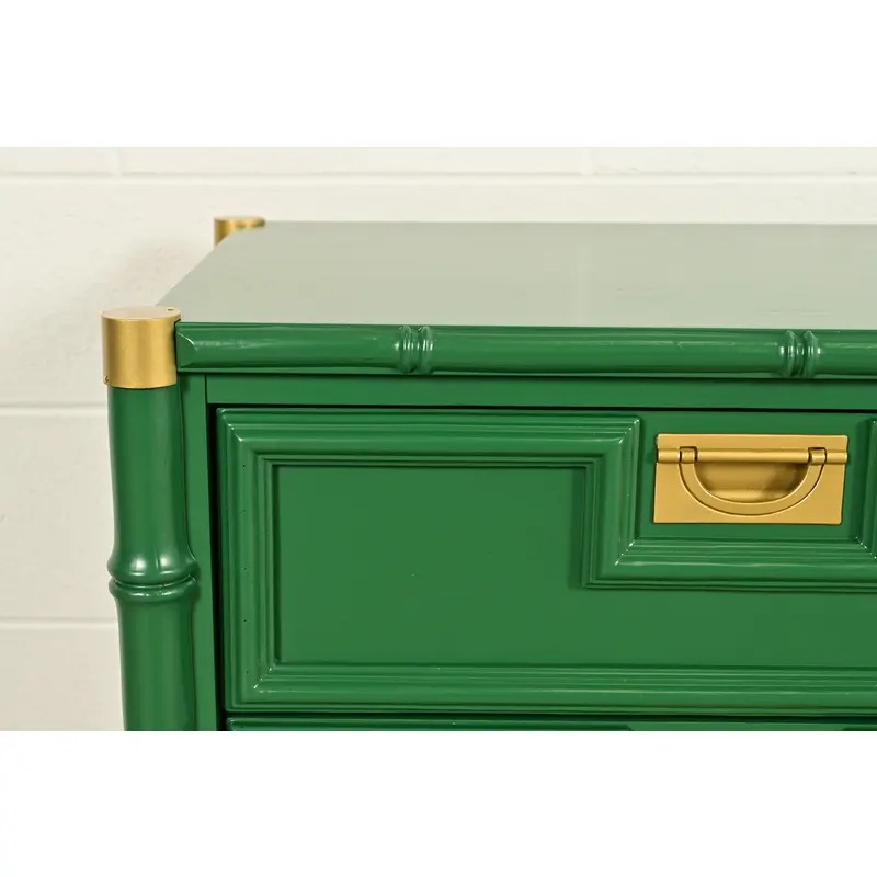 Mid-Century Hollywood Regency Campaign Green Lacquered Faux Bamboo Triple Dresser or Credenza by Stanley, Newly Refinished - Image 9