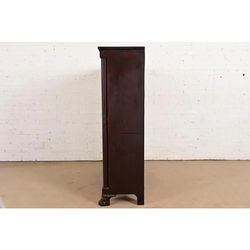 R. J. Horner Style Antique American Empire Carved Mahogany Leaded Glass Front Double Bookcase Cabinet, Circa 1890s - Image 9