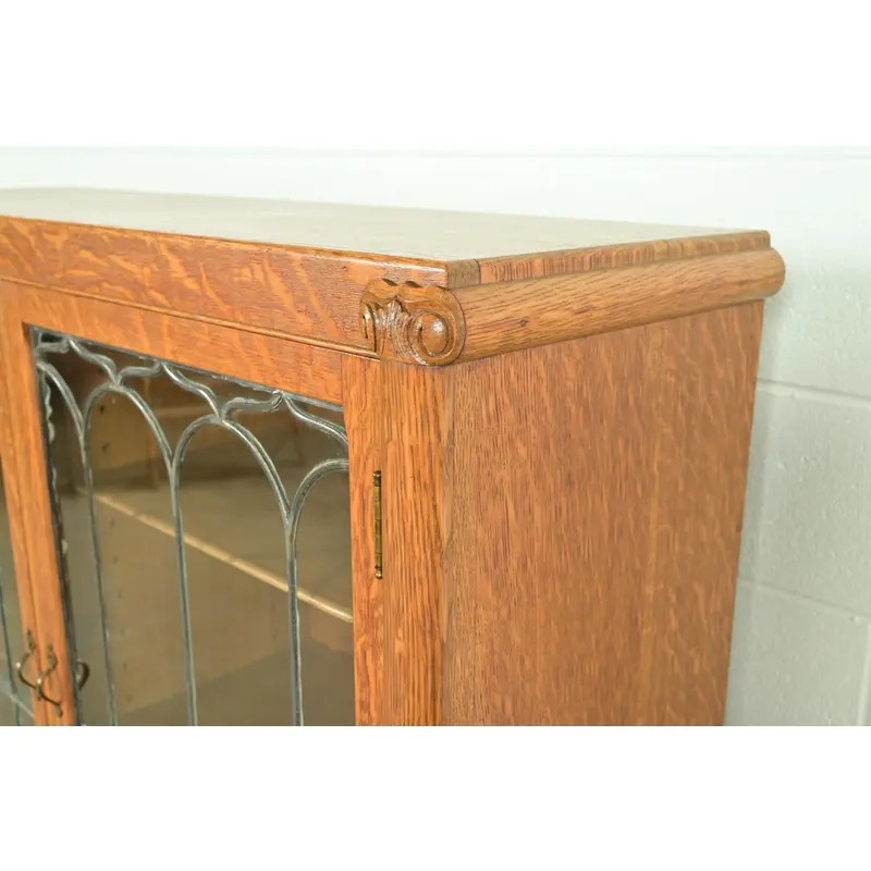 R. J. Horner Style Antique American Empire Carved Tiger Oak Double Bookcase Cabinet With Leaded Glass Doors, Circa 1890s - Image 9