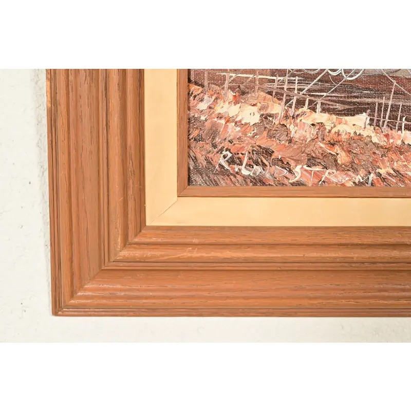 Rikard Lindström Original Signed Oil Painting on Canvas of Ships in Harbor in Carved Wood Frame - Image 9