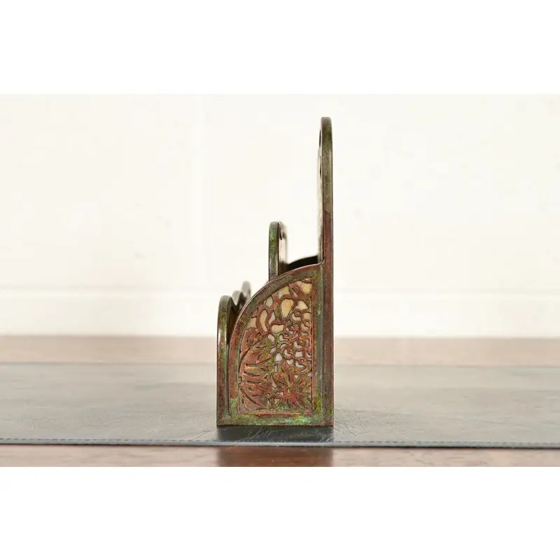Tiffany Studios New York Grapevine Pattern Bronze and Favrile Slag Glass Letter Rack - Image 9