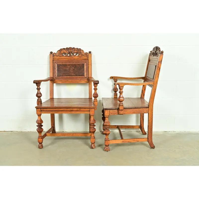 Early Romweber Antique English Jacobean Carved Oak and Burl Wood Armchairs, Pair - Image 10