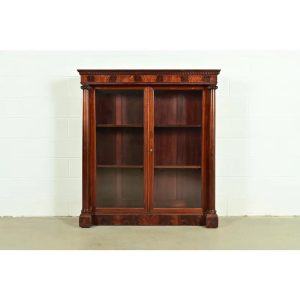 R. J. Horner Style American Empire Flame Mahogany Glass Front Double Bookcase, Circa 1880s