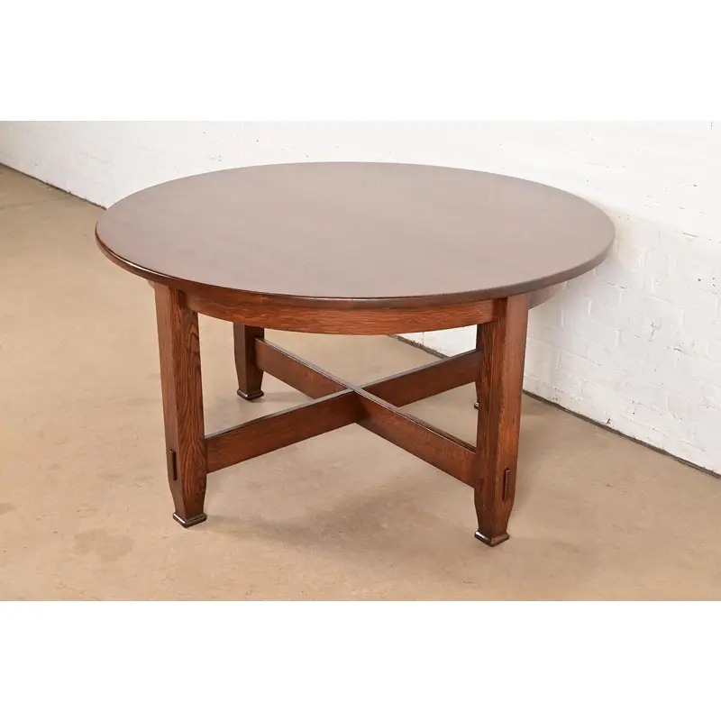 Stickley Brothers Antique Mission Oak Arts & Crafts Round Dining Table, Newly Refinished