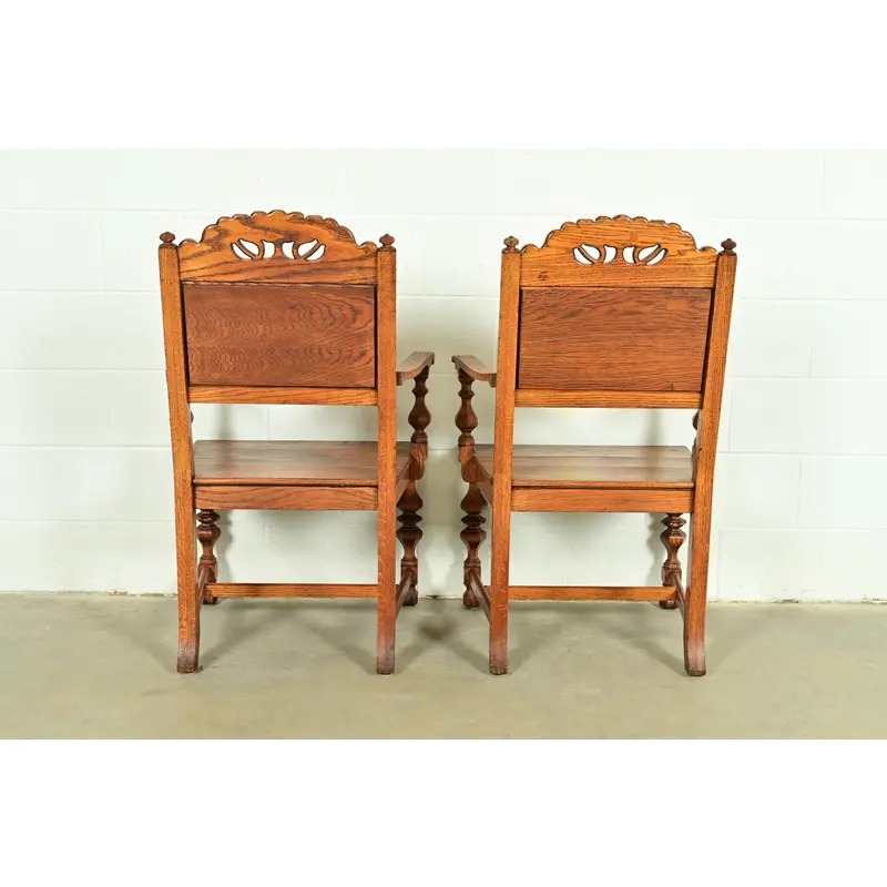 Early Romweber Antique English Jacobean Carved Oak and Burl Wood Armchairs, Pair - Image 11