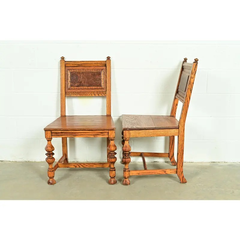 Early Romweber Antique English Jacobean Carved Oak and Burl Wood Dining Chairs, Set of Four - Image 11