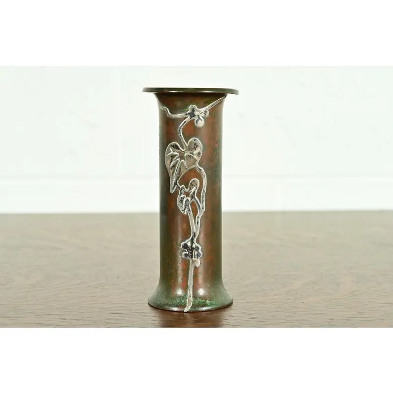 Heintz Style Arts & Crafts Sterling Silver on Bronze Vase