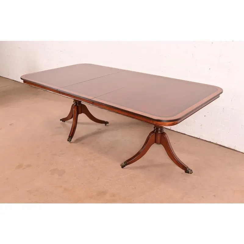 John Widdicomb Georgian Banded Mahogany Double Pedestal Extension Dining Table, Newly Refinished