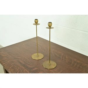 Robert Jarvie Style Antique Arts & Crafts Turned Brass Tall Candlesticks, Pair