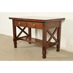 Stickley Brothers Style Antique Mission Oak Arts & Crafts Desk or Writing Table, Circa 1910