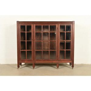 Stickley Brothers Style Antique Mission Oak Arts & Crafts Glass Front Triple Bookcase, Circa 1910