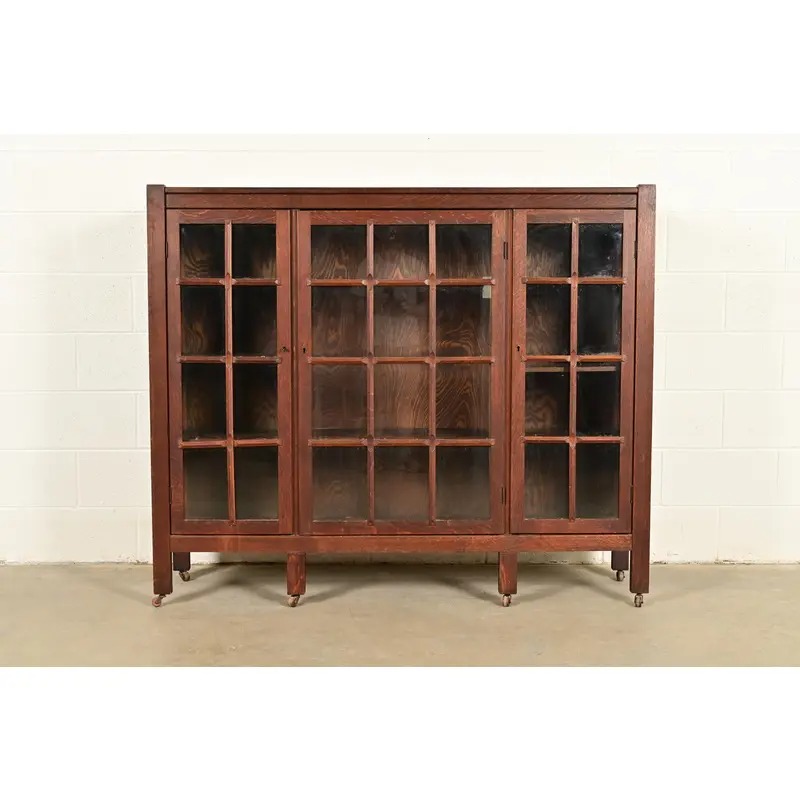 Stickley Brothers Style Antique Mission Oak Arts & Crafts Glass Front Triple Bookcase, Circa 1910