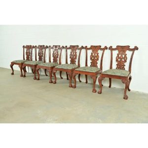 Baker Furniture Style Chippendale Carved Mahogany Dining Chairs, Set of Six