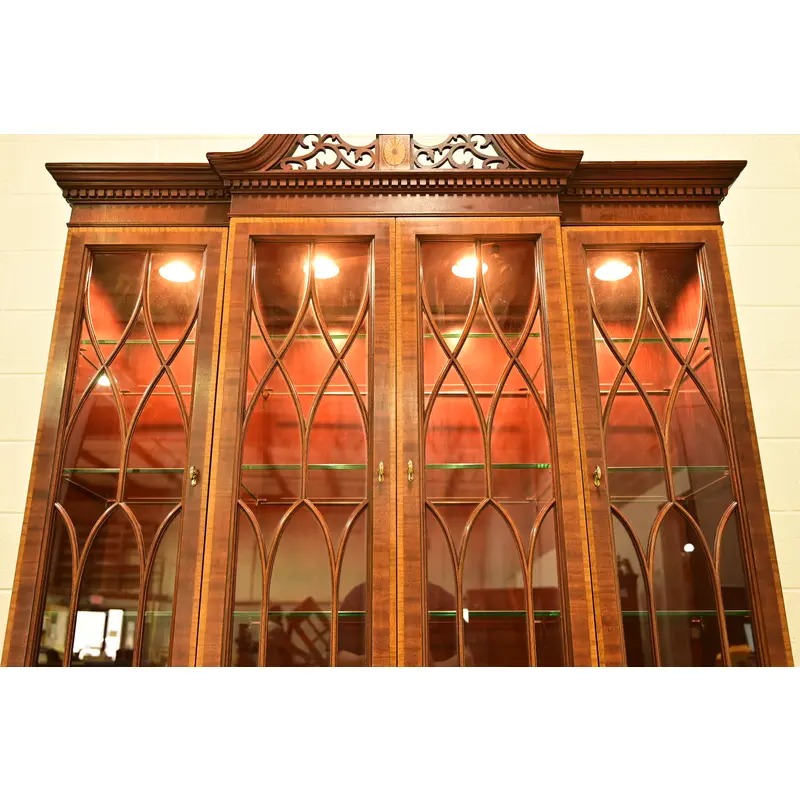 Councill Craftsmen Georgian Banded Flame Mahogany Lighted Breakfront Bookcase Cabinet - Image 12