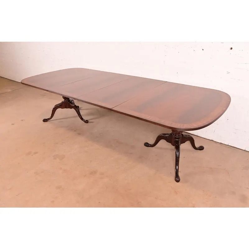 Drexel Heritage Georgian Banded Flame Mahogany Double Pedestal Extension Dining Table, Newly Refinished