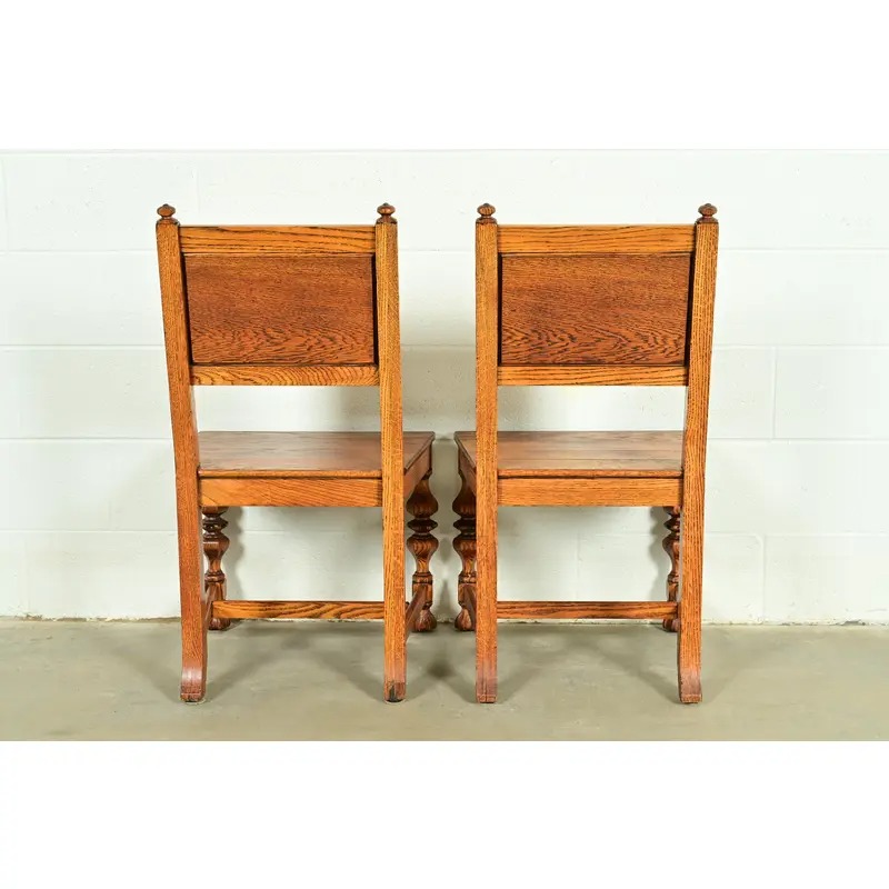 Early Romweber Antique English Jacobean Carved Oak and Burl Wood Side Chairs or Dining Chairs, Pair - Image 12