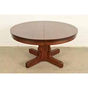 Gustav Stickley Style Antique Mission Oak Arts & Crafts Pedestal Extension Dining Table, Newly Refinished