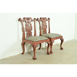 Baker Furniture Style Chippendale Carved Mahogany Side Chairs or Dining Chairs, Pair