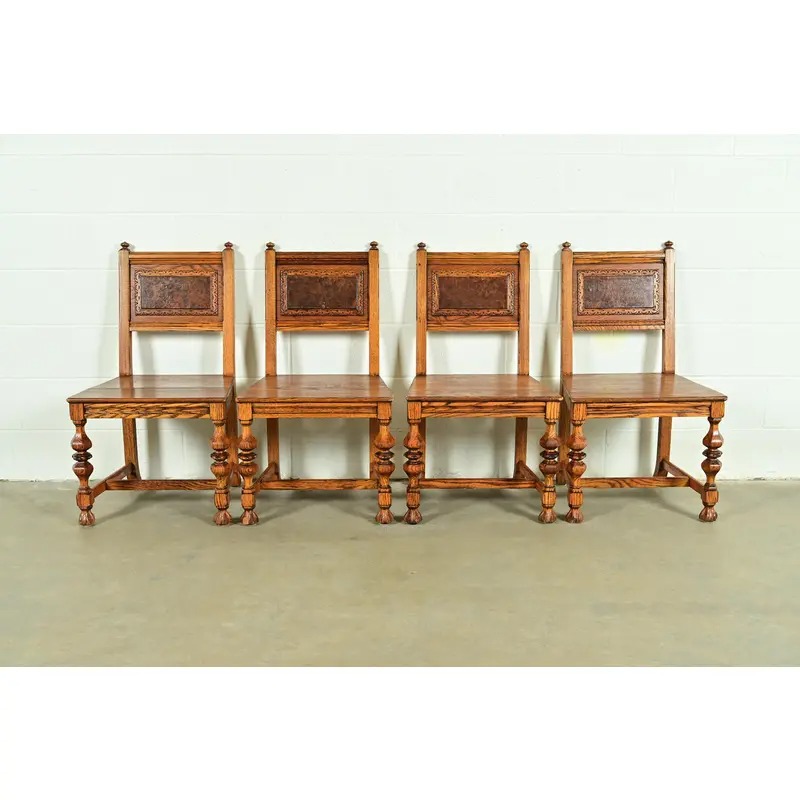 Early Romweber Antique English Jacobean Carved Oak and Burl Wood Dining Chairs, Set of Four