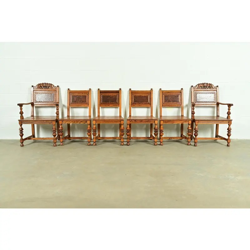 Early Romweber Antique English Jacobean Carved Oak and Burl Wood Side Chairs or Dining Chairs, Pair - Image 13