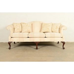 Ethan Allen Chippendale Carved Mahogany Upholstered Camelback Sofa