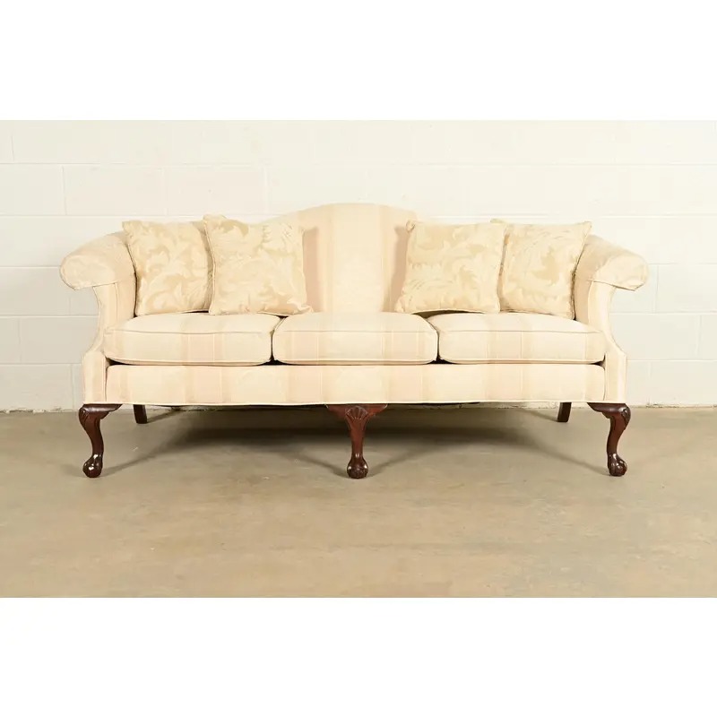 Ethan Allen Chippendale Carved Mahogany Upholstered Camelback Sofa