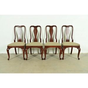 Ethan Allen Queen Anne Carved Cherry Wood Dining Chairs, Set of Four