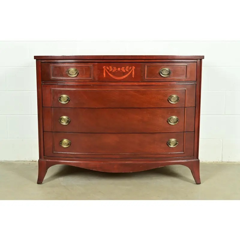Federal Inlaid Mahogany Bow Front Dresser Chest by National Furniture, Circa 1960s