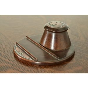 Heintz Arts & Crafts Sterling Silver on Bronze Inkwell With Pen Tray