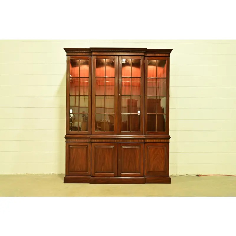 Henkel Harris Georgian Carved Mahogany Lighted Breakfront Bookcase Cabinet - Image 13