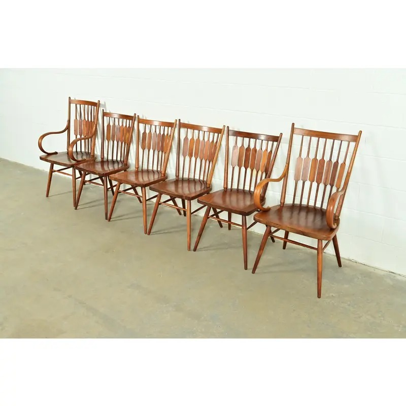 Kipp Stewart for Drexel Declaration Sculpted Walnut Dining Chairs, Set of Six