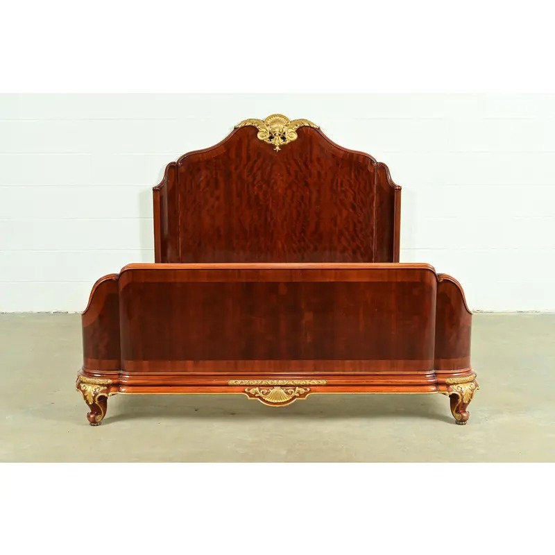 Paul Sormani Style Antique French Provincial Louis XV Burled Mahogany and Gold Gilt Queen Size Bed
