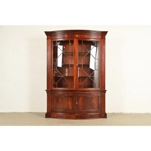 Baker Furniture Georgian Flame Mahogany Lighted Breakfront Bookcase Cabinet