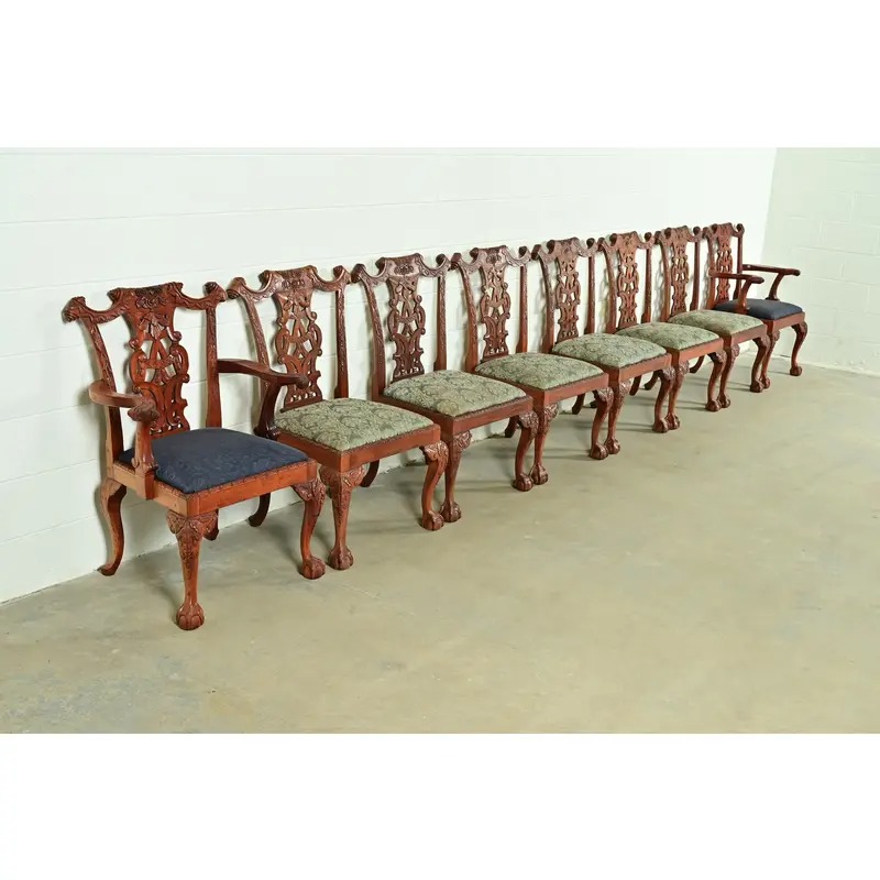 Baker Furniture Style Chippendale Carved Mahogany Dining Chairs, Set of Eight