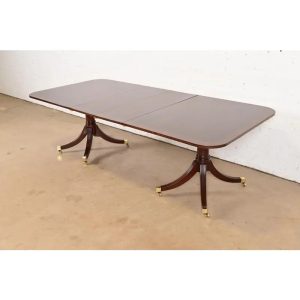 Baker Furniture Style Georgian Banded Mahogany Double Pedestal Extension Dining Table, Newly Refinished