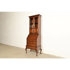 Ethan Allen Georgian Cherry Wood Bureau With Drop Front Secretary Desk and Bookcase Hutch, Circa 1970s